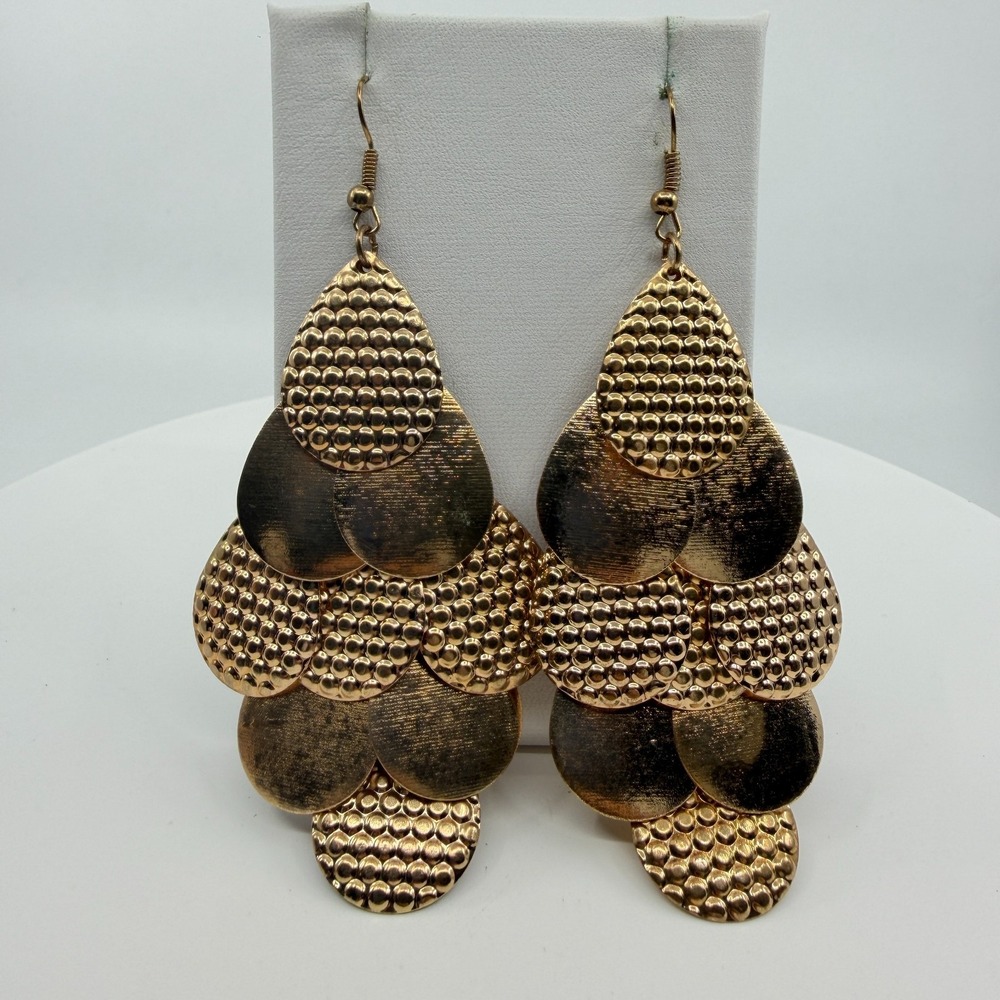 Gold Tone Tiered Teardrop Dangle Earrings - Statement Layered Jewelry